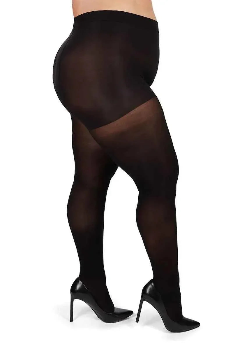 Plus size model in black sheer tights and black high heels, Love Classic hosiery style