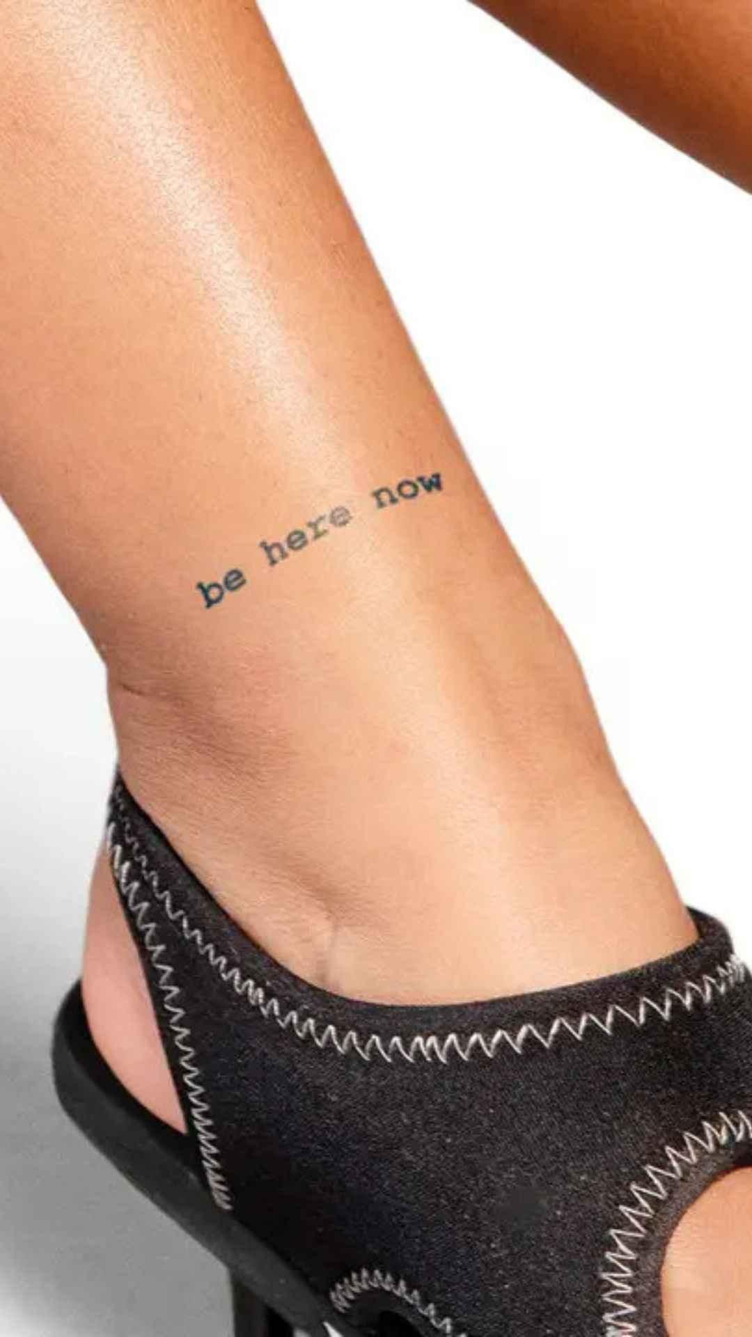 Be here now ankle tattoo with high quality black sandal, Love Classic style