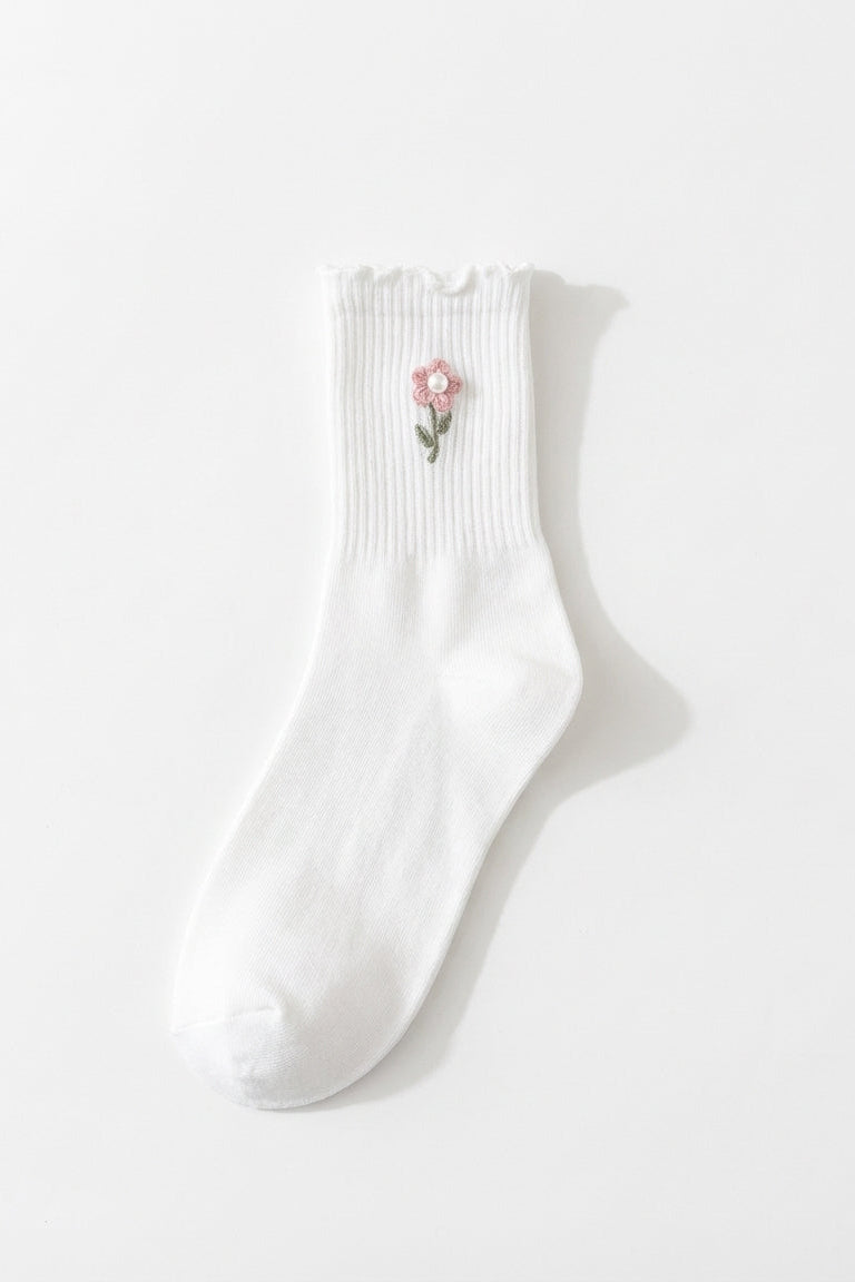 Blush Pearl Rose Ruffle Crew Socks