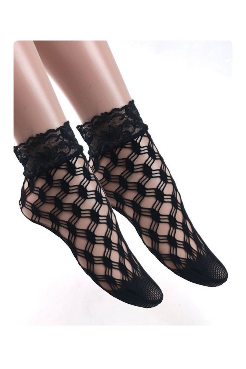 Black honeycomb-pattern mesh ankle socks with floral lace cuffs, worn on a model against a white background.