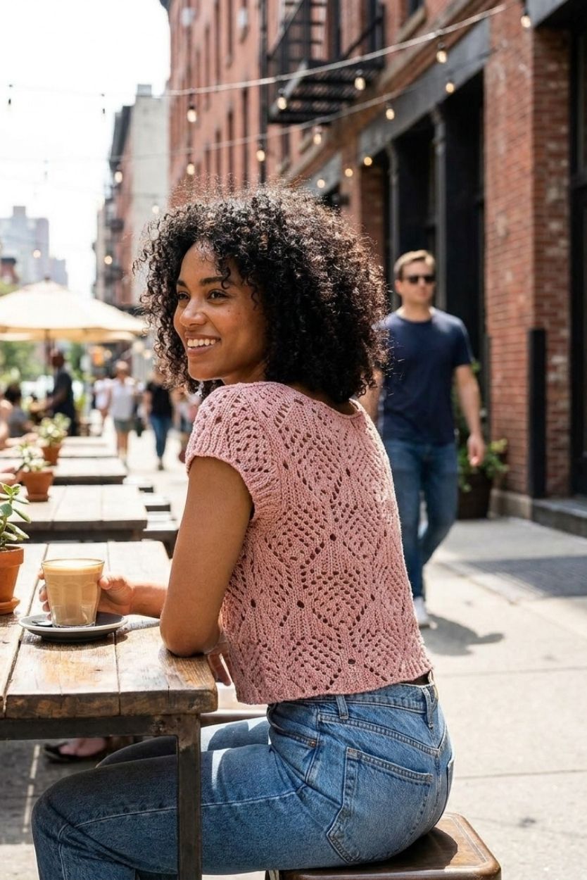 Crochet Knit Cap Sleeve Sweater Top, blush pink open-knit sweater with cap sleeves and scalloped neckline, paired with blue jeans, shown from a back and side angle as the model sits at an outdoor café table, emphasizing the intricate crochet pattern and breathable design.