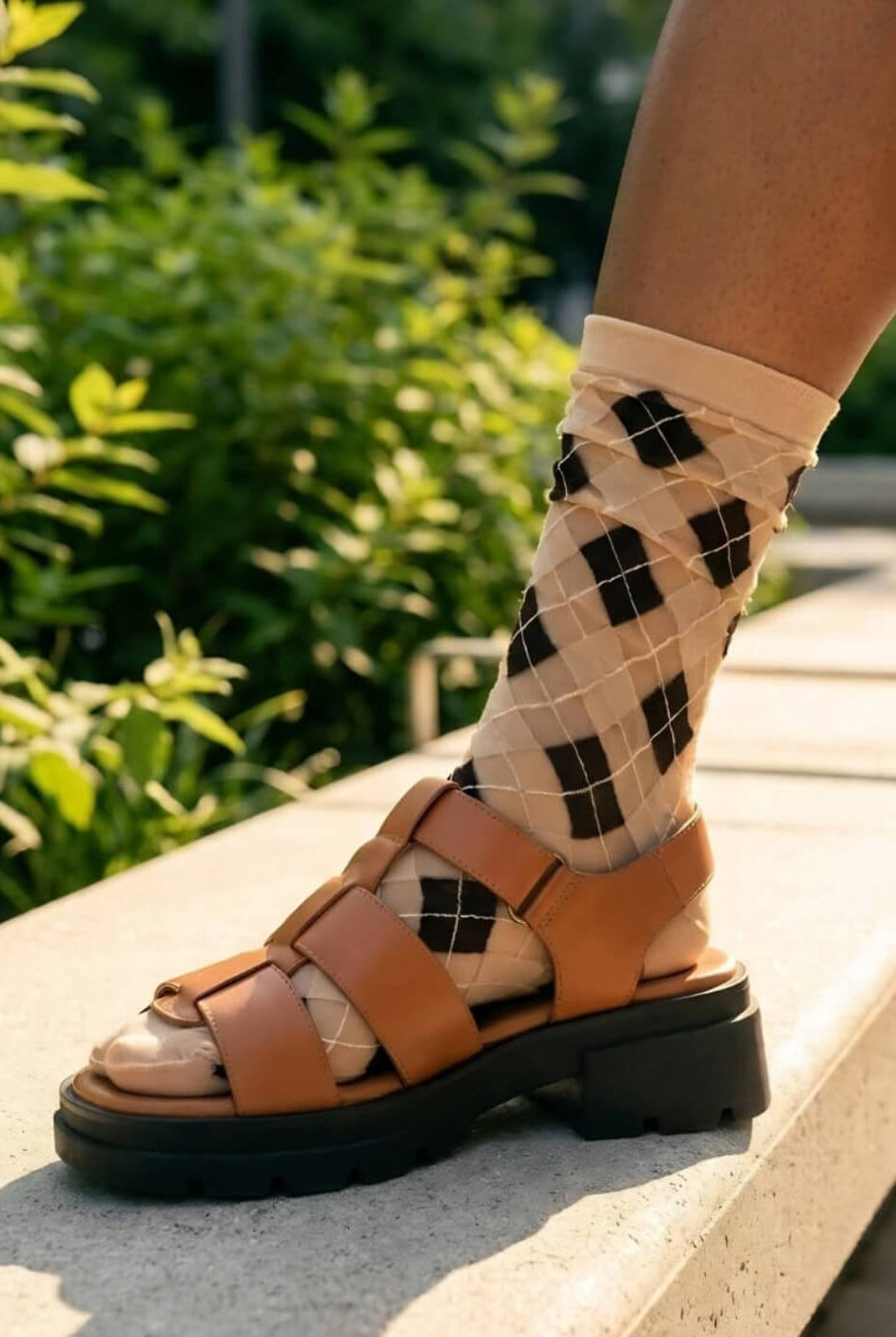 Sheer Argyle Crew Socks in beige and black with classic diamond pattern, styled with brown platform sandals while seated on outdoor steps, highlighting the semi-transparent fabric and modern argyle design.