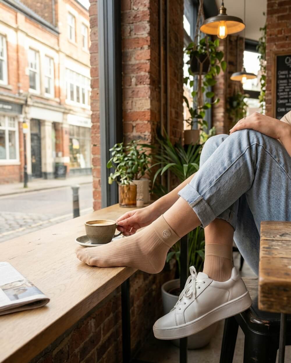 Beige sheer ribbed ankle socks with subtle rose embroidery styled with white sneakers and cuffed jeans, shown in a cozy café setting with a coffee cup.