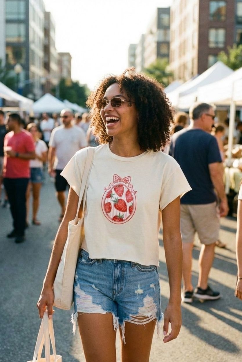 High Rise Distressed Denim Shorts featuring a high waist fit with frayed hem and distressed detailing, styled at an outdoor market setting, highlighting the relaxed fit and casual everyday wear.