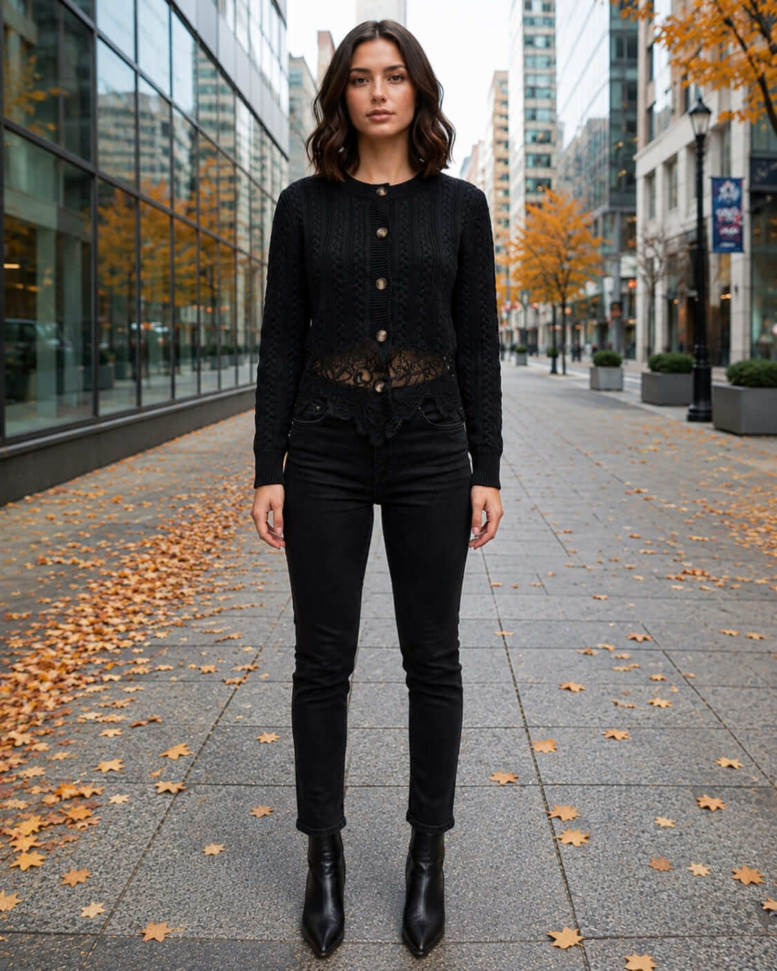 The Eloise Cardigan featuring a cable knit texture with a button-front closure and delicate lace hem, worn with dark jeans in a city setting, highlighting its refined silhouette and intricate knit detailing.