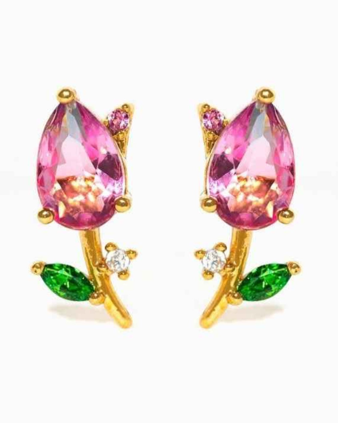 Blossoming Tulip Studs featuring pink teardrop crystal tulip detailing with green leaf accents and sparkling stone embellishments, displayed on a clean neutral backdrop, highlighting floral inspired styling and polished metallic finishing.