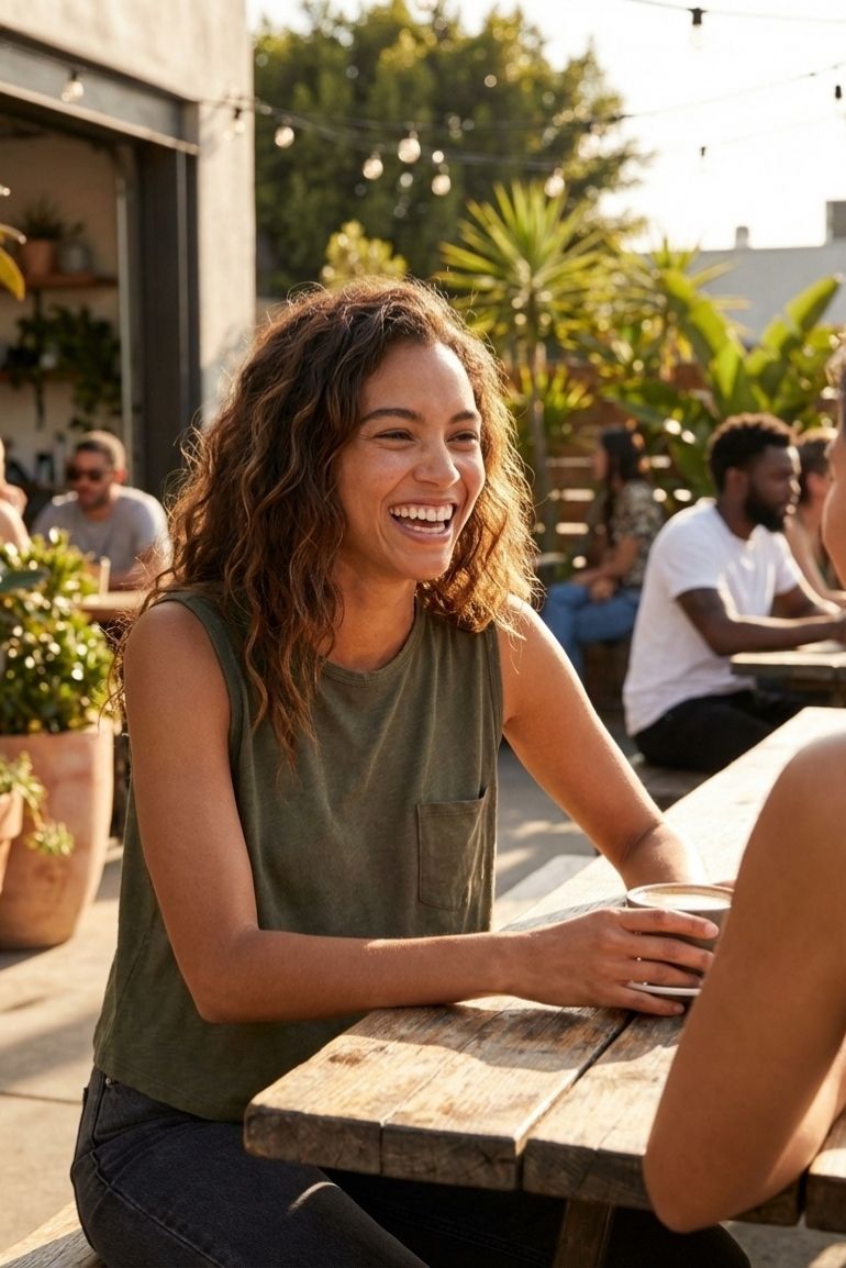 Leah Top, sleeveless round neck tank top with a relaxed silhouette and front pocket detail, captured at a rustic outdoor table scene, emphasizing the smooth finish, easy fit, and casual everyday styling.