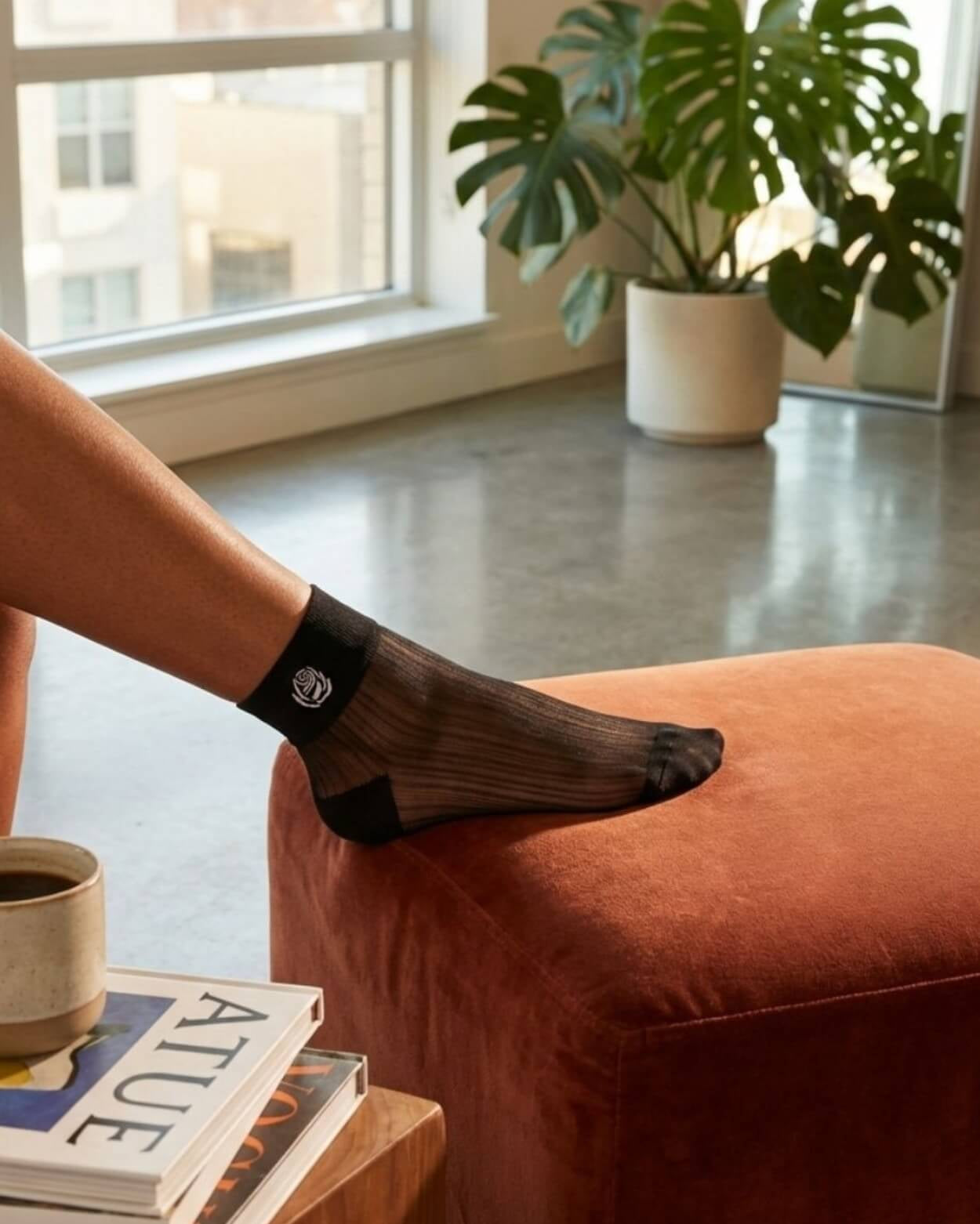 Black sheer ribbed ankle sock with rose embroidery worn on a raised foot resting on an upholstered ottoman, highlighting the transparent texture in a bright, modern indoor setting.