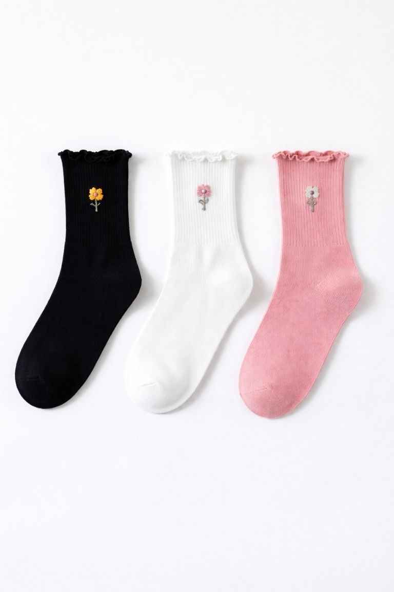 3-Pack Blush Pearl Rose Ruffle Crew Socks