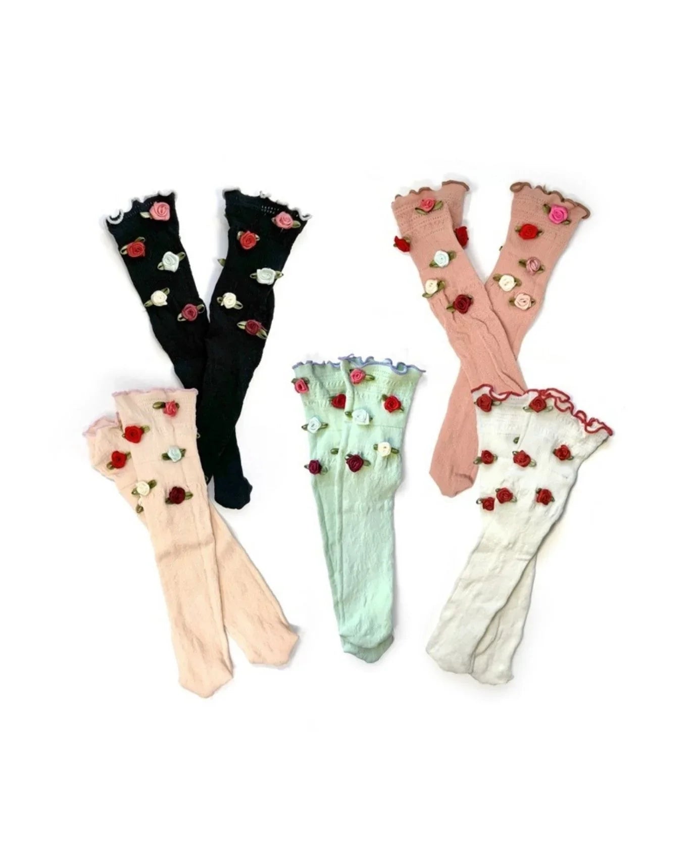 Assorted pastel and black decorative socks with 3D floral accents from Love Classic