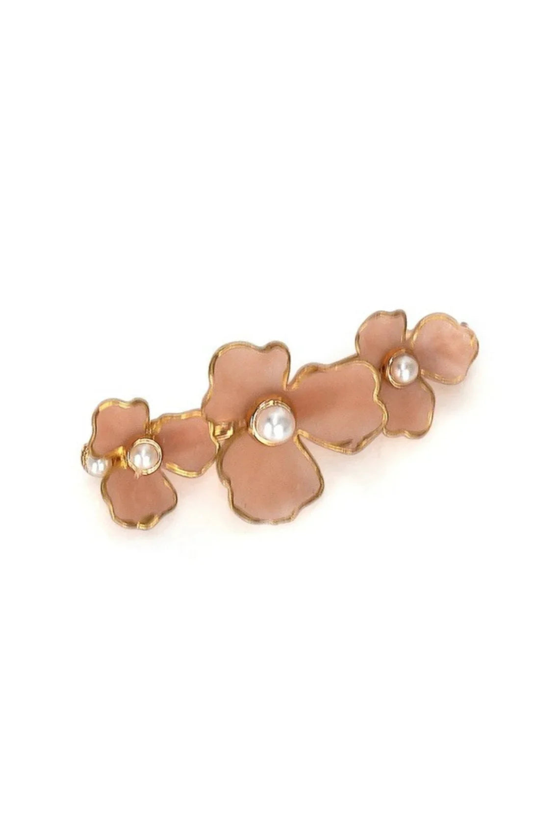 Pink floral hair clip with gold trim and pearl centers, Love Classic accessories