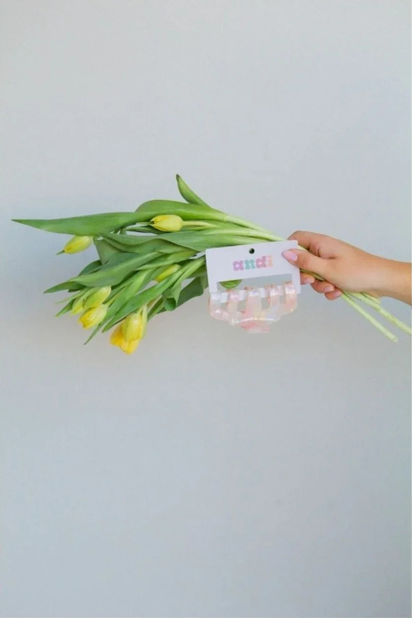 Hand holding yellow tulip bouquet and pastel hair clip, Love Classic high quality styles