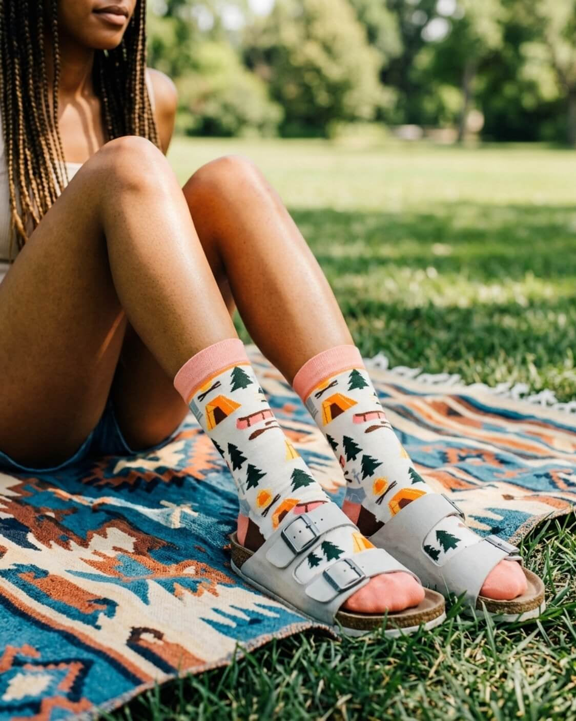 Crew Socks, Happy Camper featuring a bright camping-inspired pattern with trees, tents, and campfire artwork, styled with white buckle sandals while seated on a picnic blanket in the grass, highlighting fun outdoor styling and easy comfort.