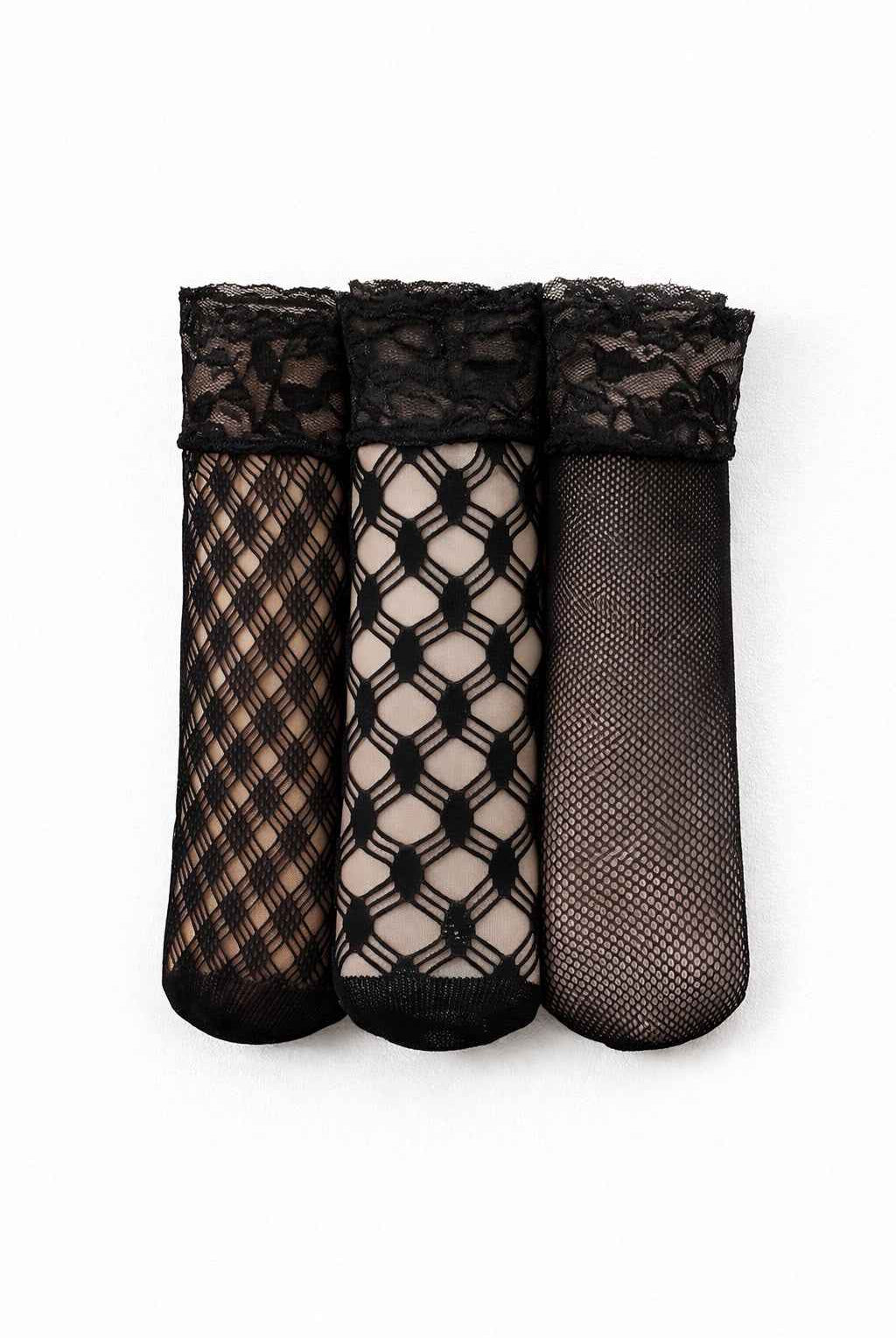 3-Pack Floral Diamond Lace Fishnet Socks