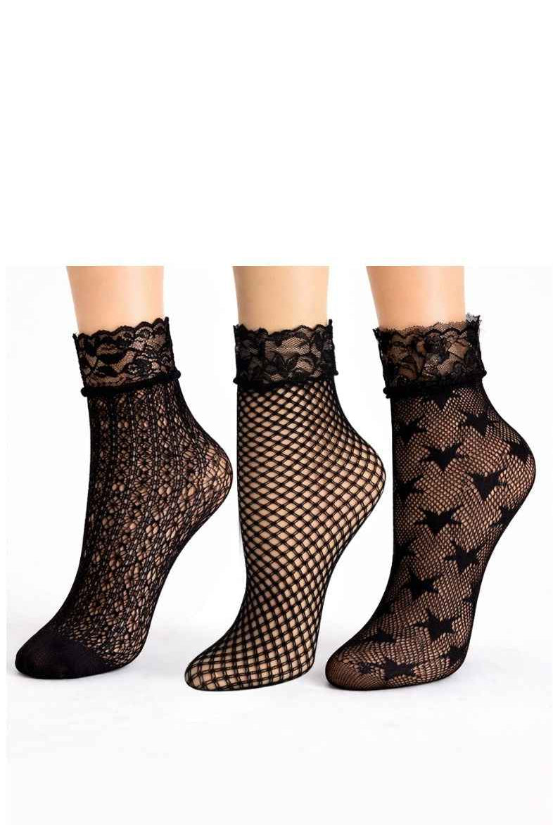 3-Pack Rose Star Net Lace Fishnet Socks