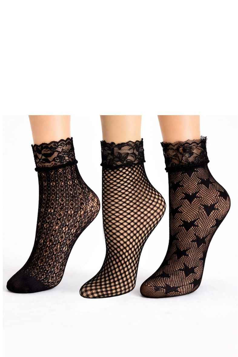 3-Pack Rose Star Net Lace Fishnet Socks