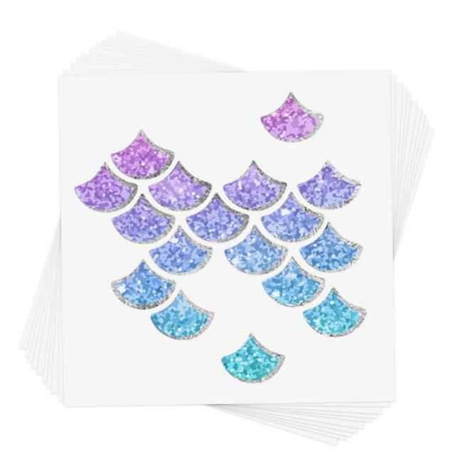 Colorful mermaid scale glitter stickers in purple, blue, and turquoise on white background, Love Classic