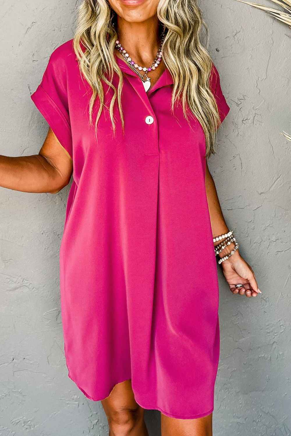 Buttoned Collared Mini Shirt Dress