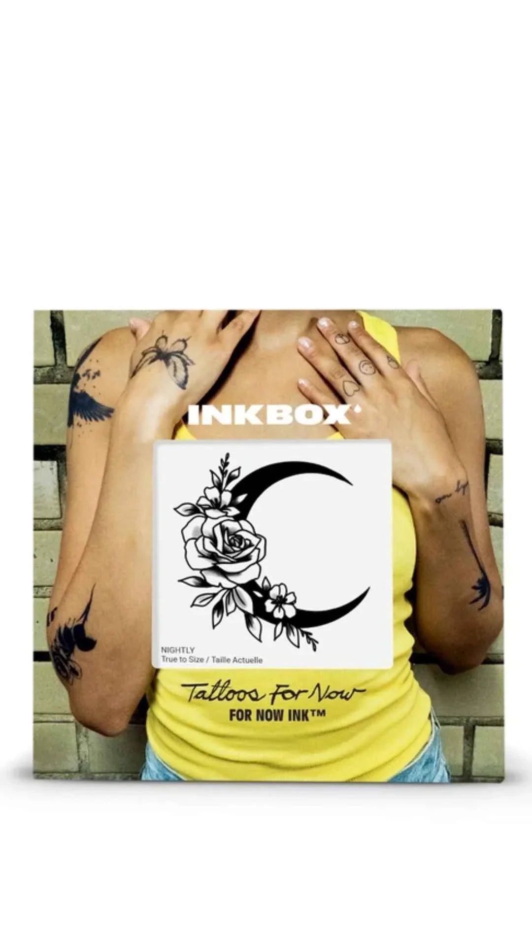 Woman in yellow tank top with floral and moon temporary tattoos, Love Classic style