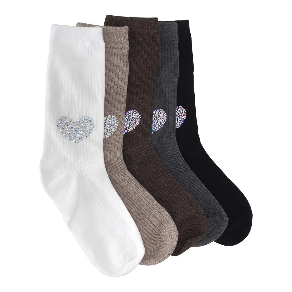 Love Classic ribbed socks in assorted neutral colors with crystal heart accents