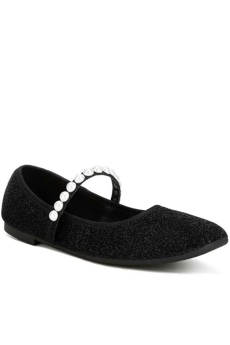 Black glitter Mary Jane flat from Love Classic with pearl strap detail