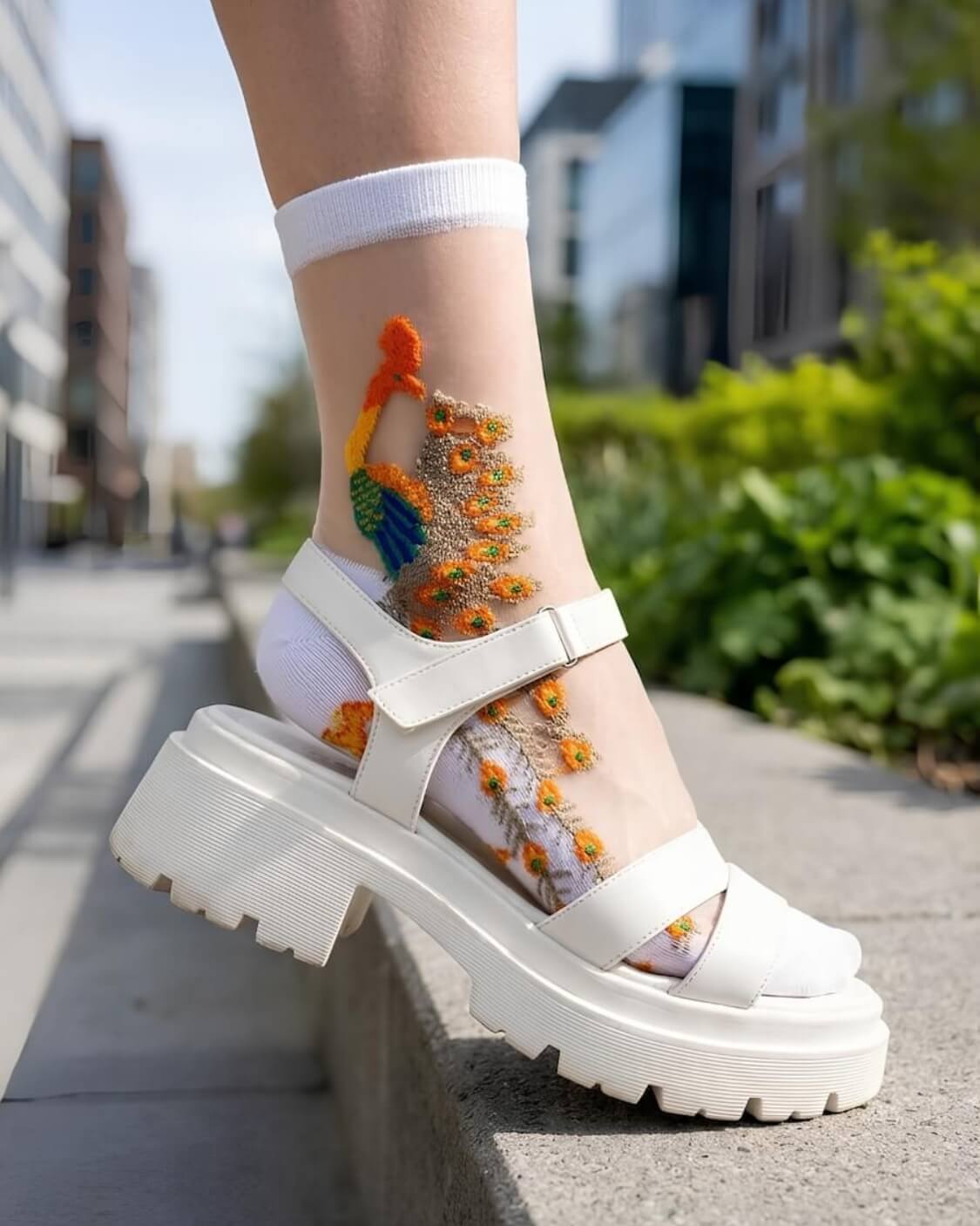 Peacock Sheer Mesh Socks featuring sheer white mesh fabric with vivid peacock embroidery and soft white cuff detailing, paired with chunky white platform sandals during an outdoor city walk, showcasing the fashionable transparent design and versatile styling for modern streetwear looks.