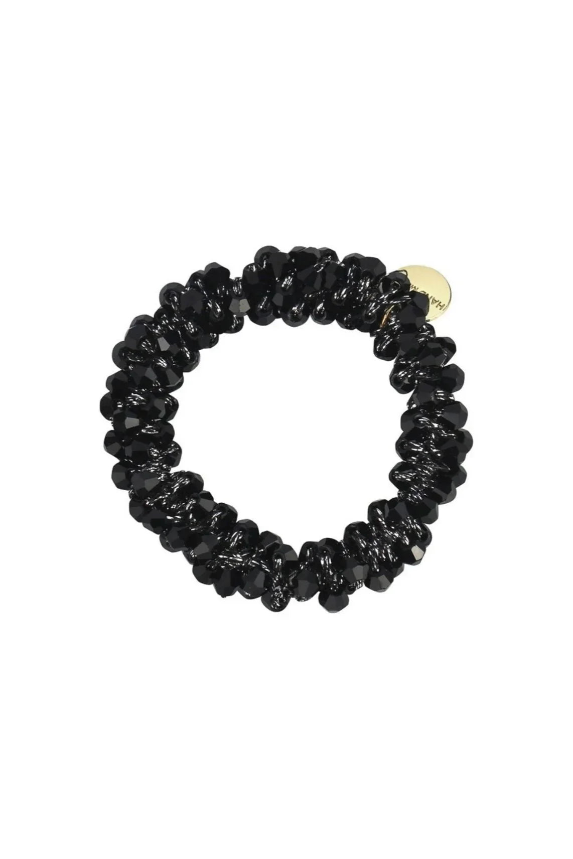 Love Classic black beaded hair tie with gold charm, stylish high quality accessory