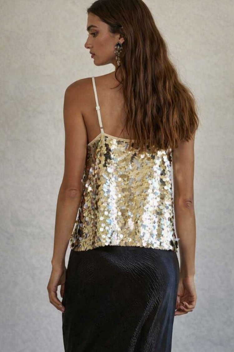 Can't Control Sequin Top, back view of a gold sequin cami with adjustable spaghetti straps and a loose fit, emphasizing the allover sequin texture and shimmering finish.