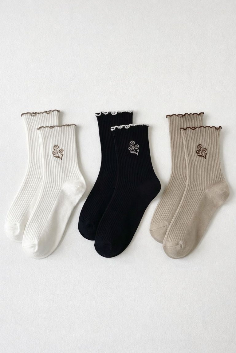 3-Pack Floral Bloom Ribbed Ruffle Crew Socks