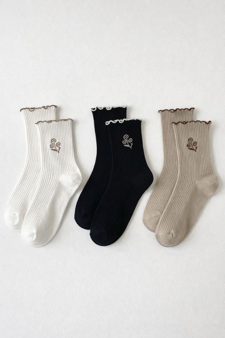 3-Pack Floral Bloom Ribbed Ruffle Crew Socks