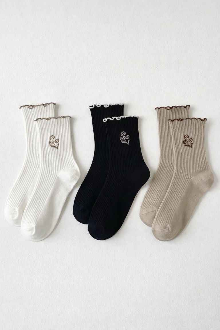 3-Pack Floral Bloom Ribbed Ruffle Crew Socks