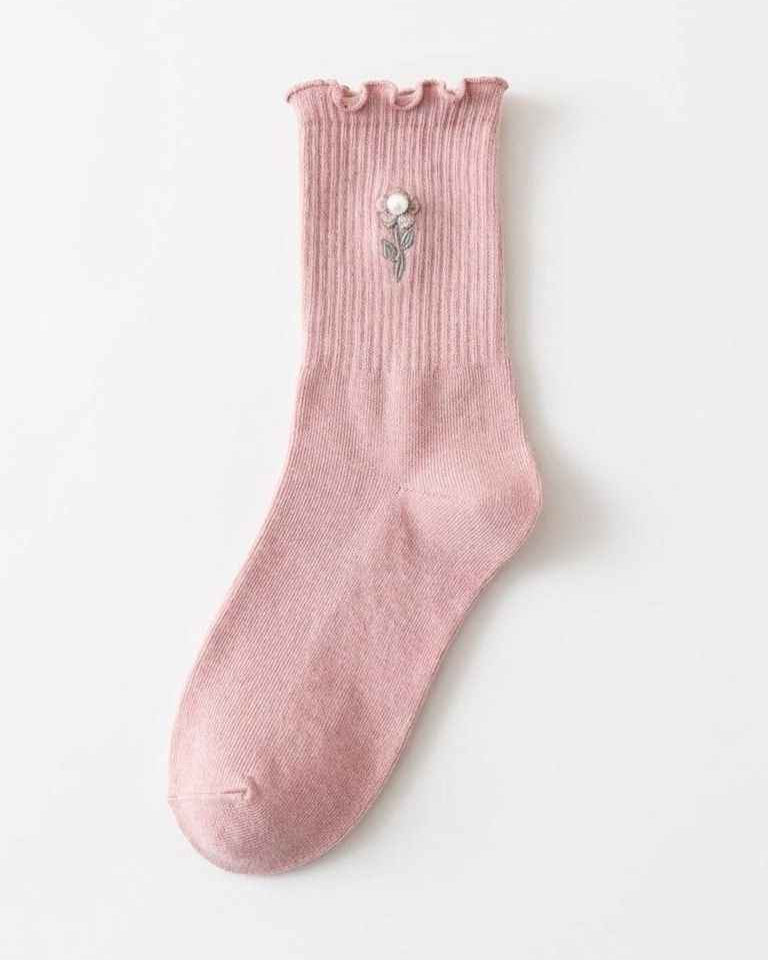 3-Pack Blush Pearl Rose Ruffle Crew Socks