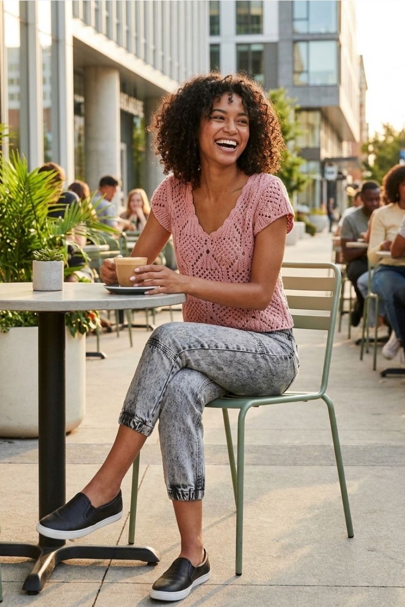 Crochet Knit Cap Sleeve Sweater Top, blush pink open-knit sweater with cap sleeves and scalloped V-neckline, styled with gray high-waisted jeans and slip-on shoes, worn by a seated model holding a coffee at a sidewalk café, showcasing the lightweight drape and casual everyday styling.