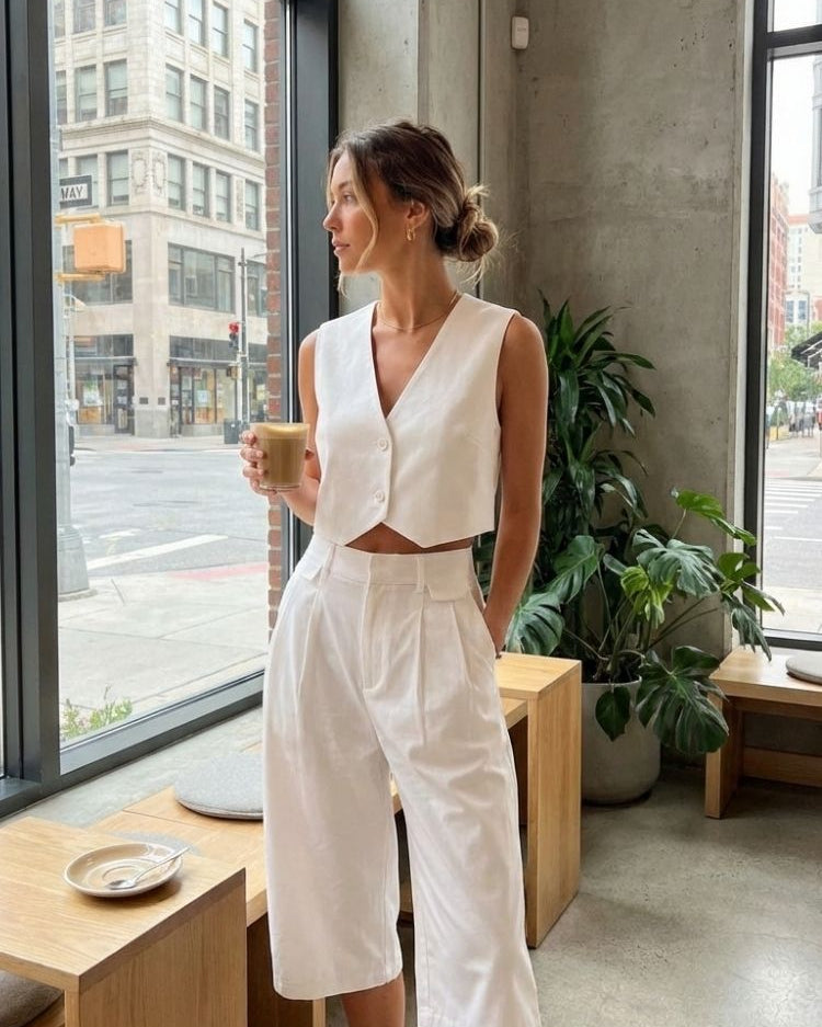 Bologna Bermuda Shorts, high-waist tailored knee-length shorts in off-white with front pleats, styled with a matching vest indoors by a window, highlighting the polished look and soft drape.