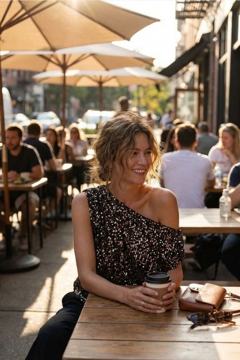 Premiere Night Top one shoulder sequin top styled at an outdoor café setting with warm sunlight, paired with casual bottoms, highlighting the relaxed fit and versatile day to night wear.