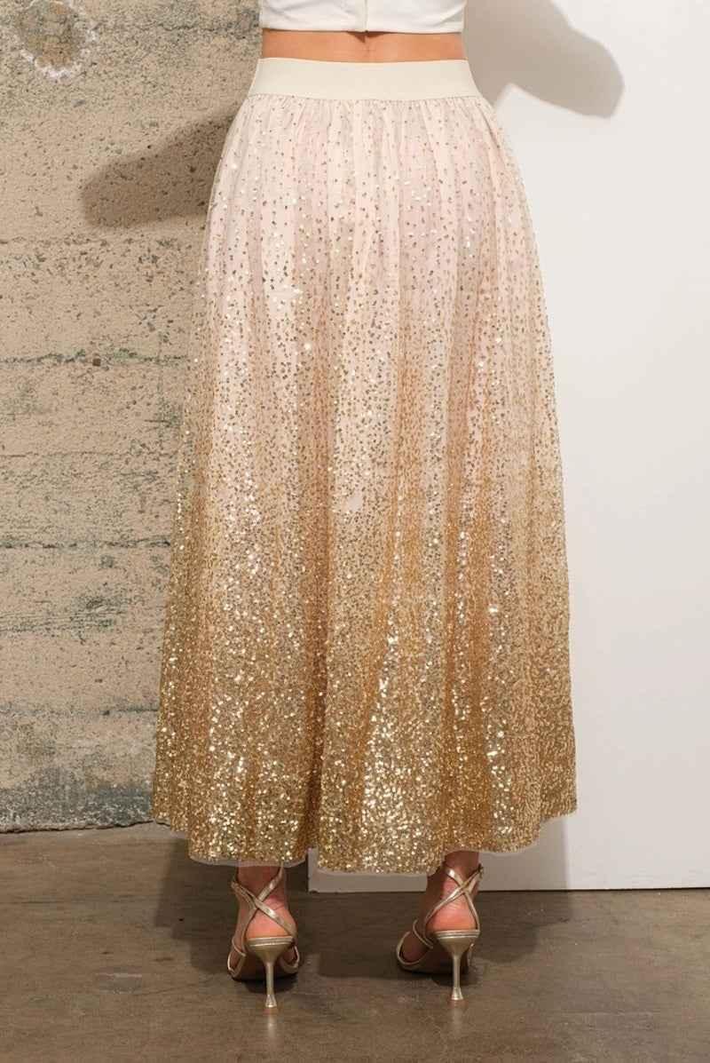 Gold sequin maxi skirt with ombre shimmer, paired with strappy heels, Love Classic style