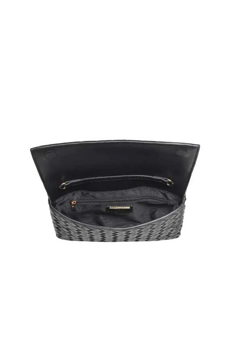 Open black woven clutch bag with zigzag pattern and interior zip pocket, Love Classic style