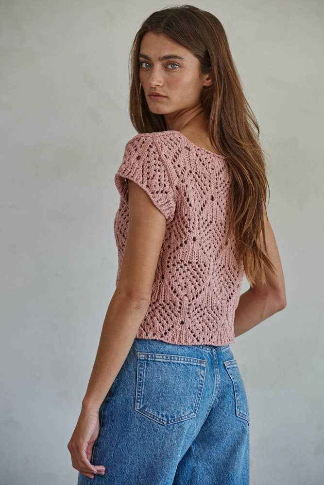 Crochet Knit Cap Sleeve Sweater Top