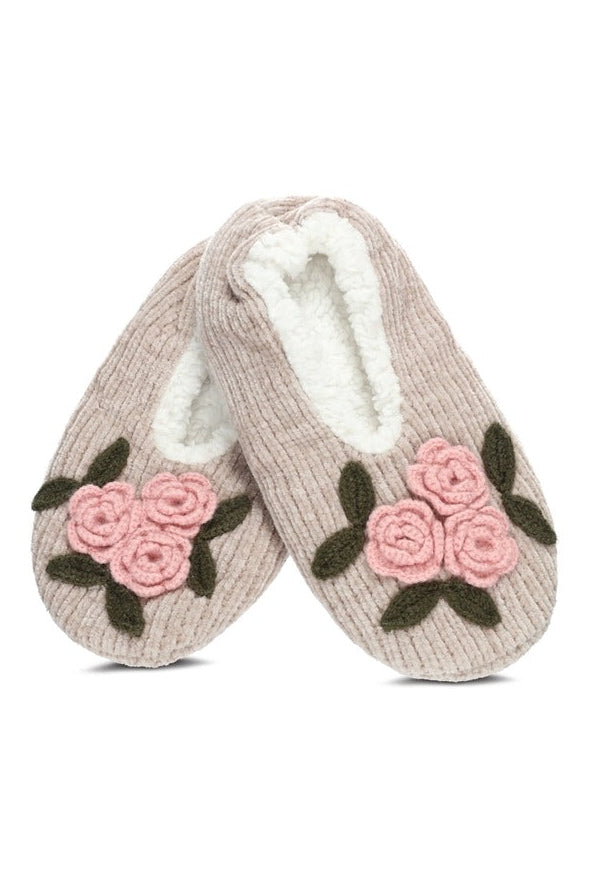 Coming Up Roses chenille slippers with pink crochet rose detail and soft sherpa lining, shown from top view 2