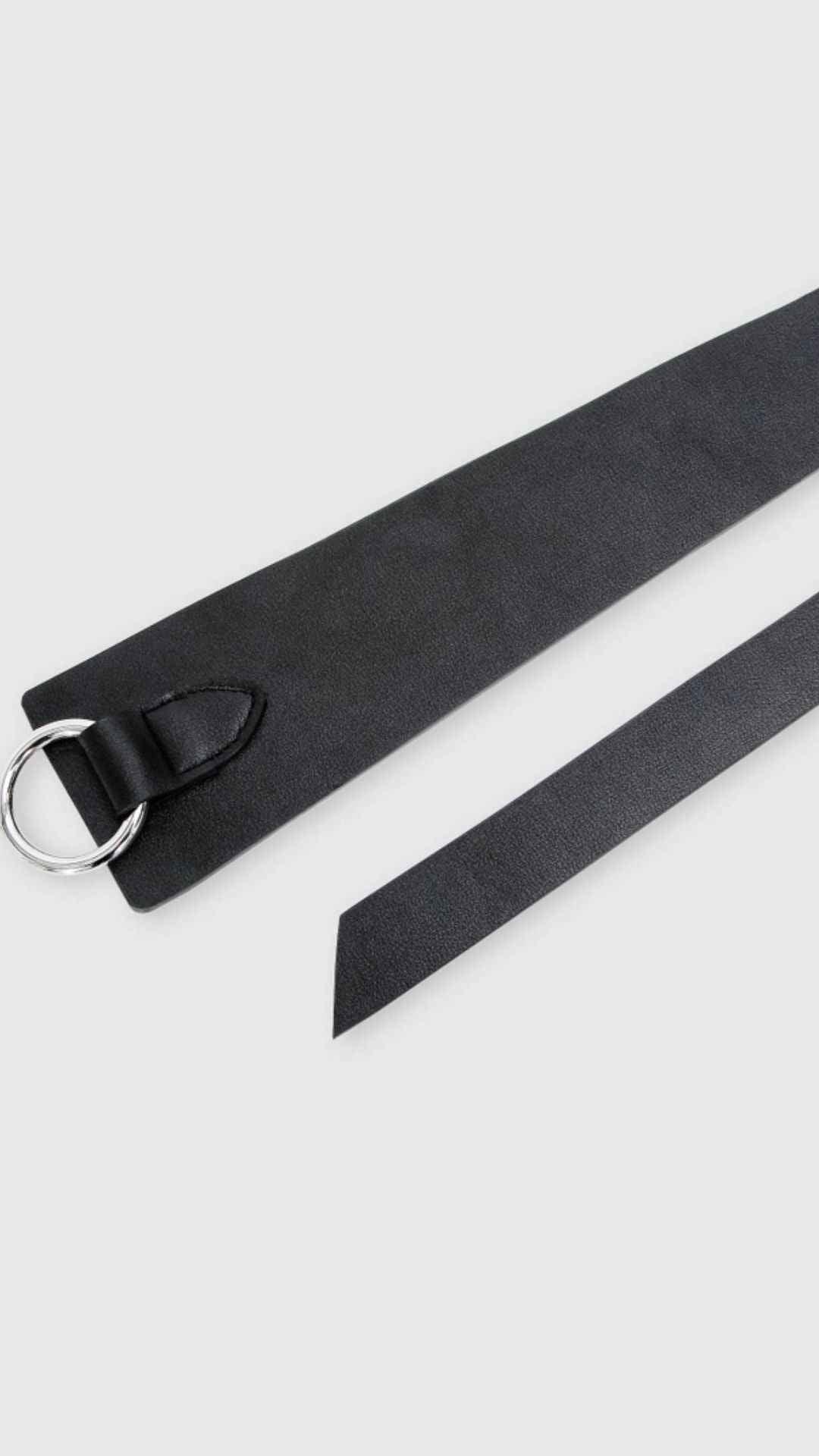 Black faux leather belt with silver ring buckle, Love Classic fashion accessory on white background