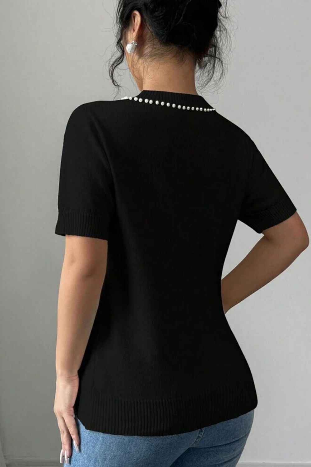 Pearl Bow Necklace Knit Top