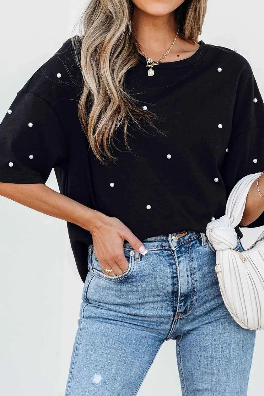 Pearl Beaded Half Sleeve T Shirt