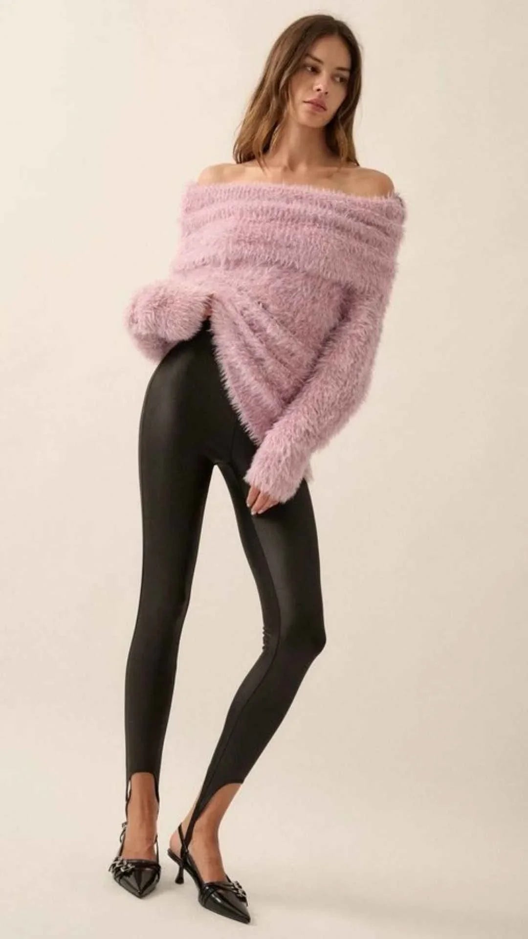 Woman wearing off-shoulder pink fuzzy sweater and black leggings, Love Classic style fashion