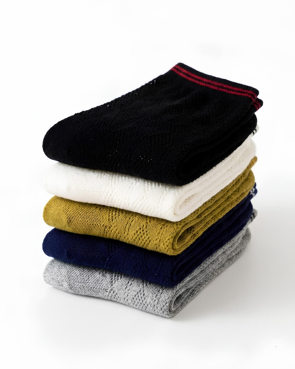 5-Pack Low Rise Diamond Lace Pattern Socks featuring lightweight breathable knit fabric with diamond lace texture and striped cuff accents, neatly folded in a stacked arrangement to showcase the assorted color set and soft everyday comfort.