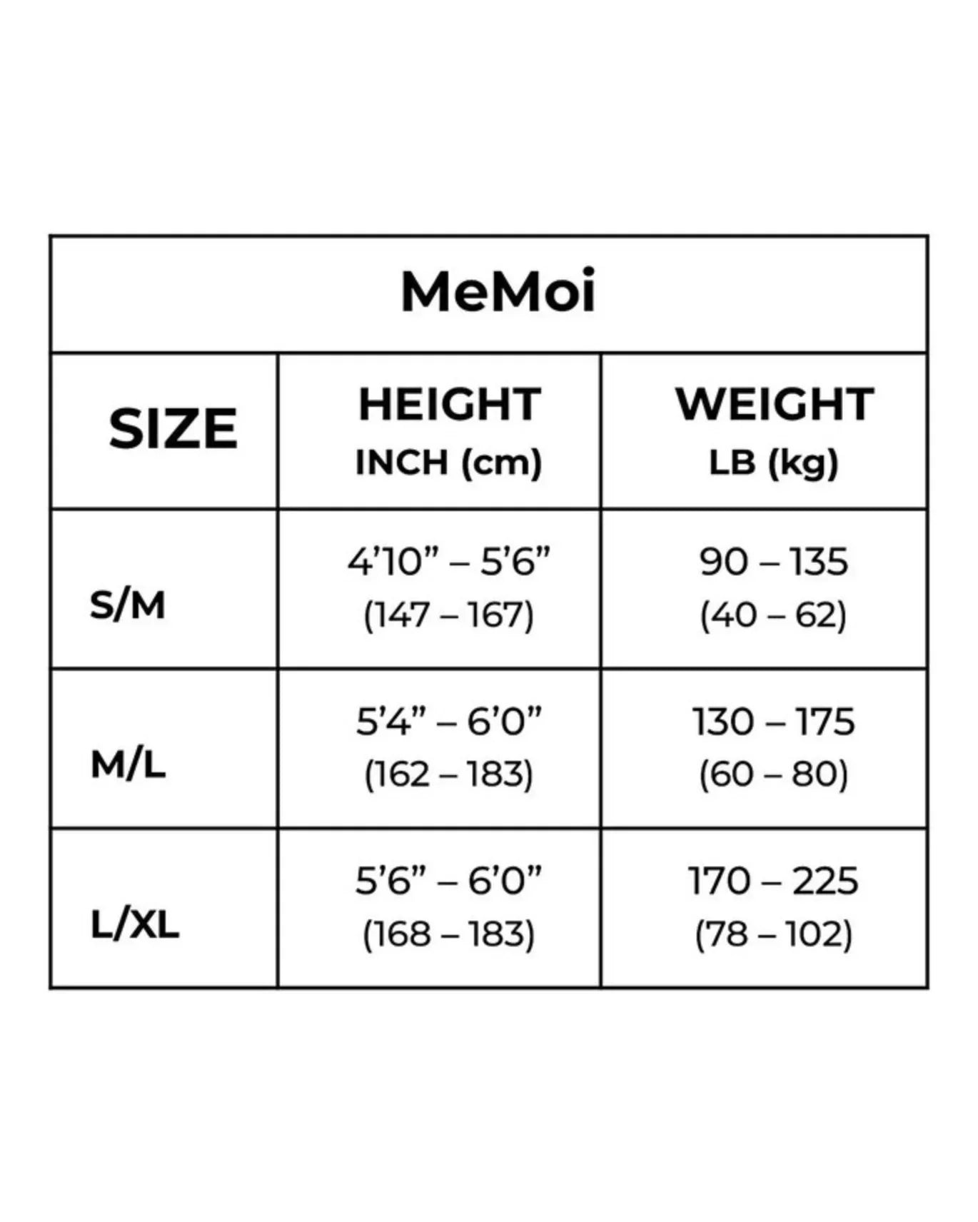 MeMoi size chart for Classic Love, showing S/M, M/L, L/XL sizing by height and weight.