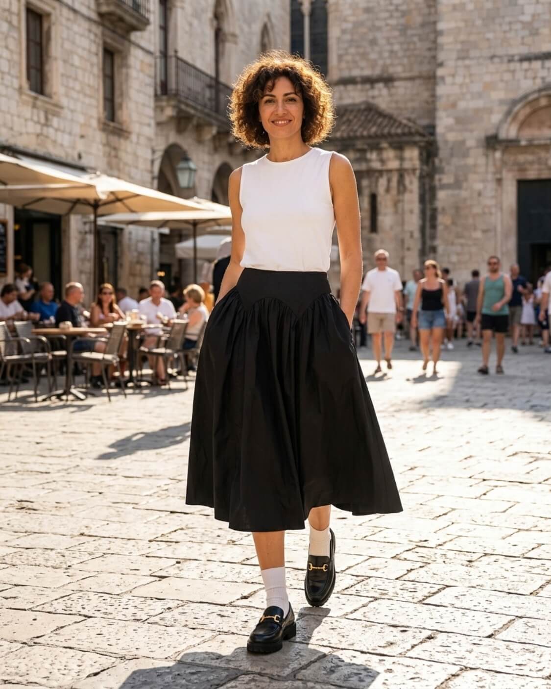 Poplin Cotton Smocked Flare Midi Skirt featuring a high waist, gathered flare shape, midi length, and side pockets, styled with a sleeveless top, socks, and loafers in a busy stone plaza, highlighting clean everyday styling.