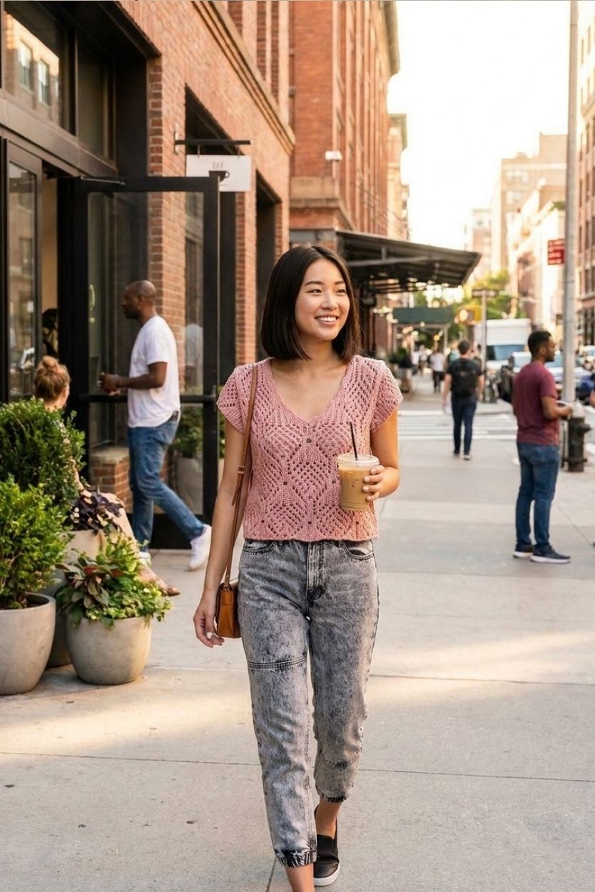 Crochet Knit Cap Sleeve Sweater Top, blush pink open-knit sweater with cap sleeves and scalloped neckline, paired with gray jeans and black slip-on shoes, worn by a model walking down a city street with an iced coffee, highlighting the versatile fit and soft textured knit.