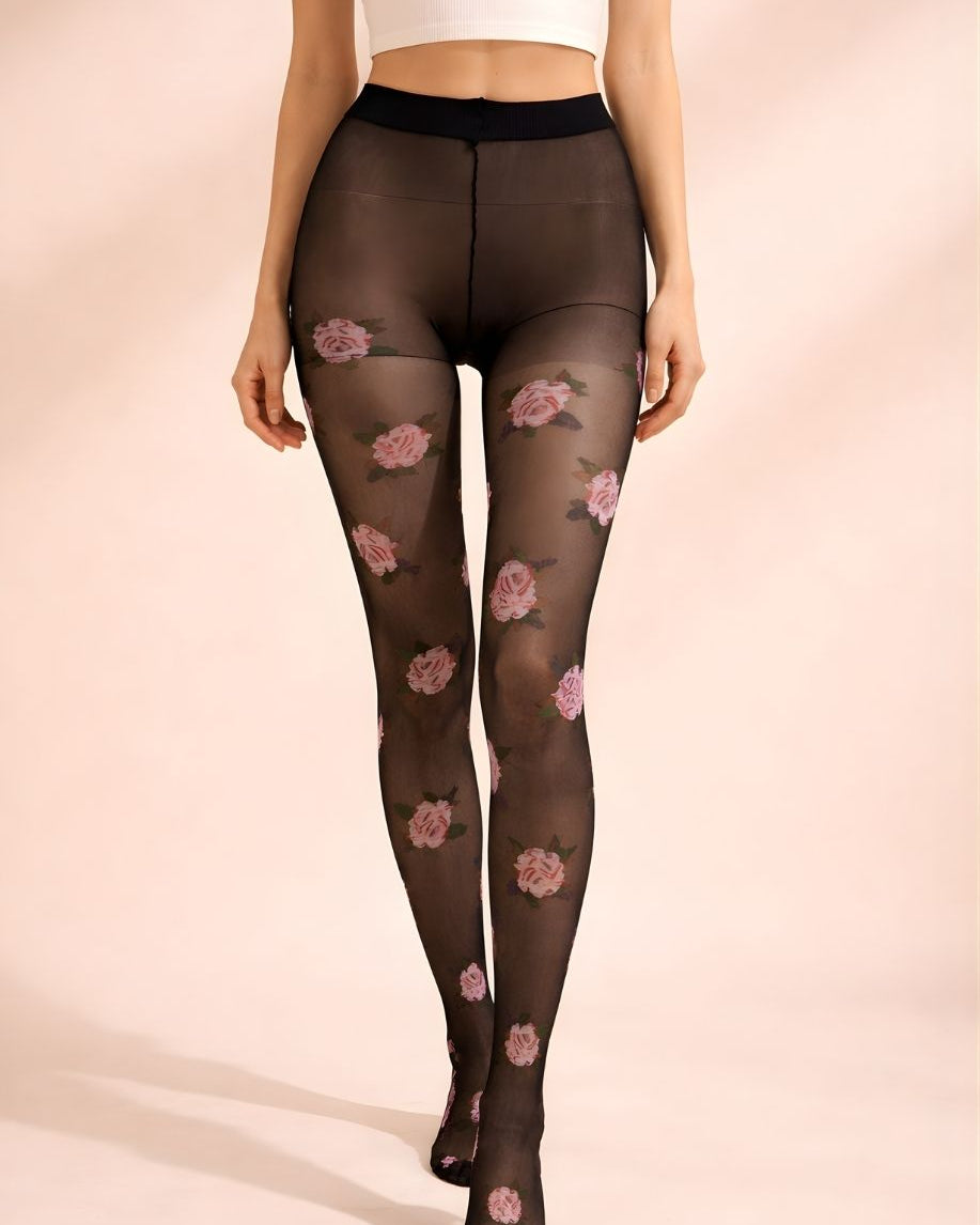 Romantic Rose Print Sheer Tights featuring a fine sheer knit with romantic rose pattern and reinforced waistband, shown in a front close-up view emphasizing the floral placement and even coverage.