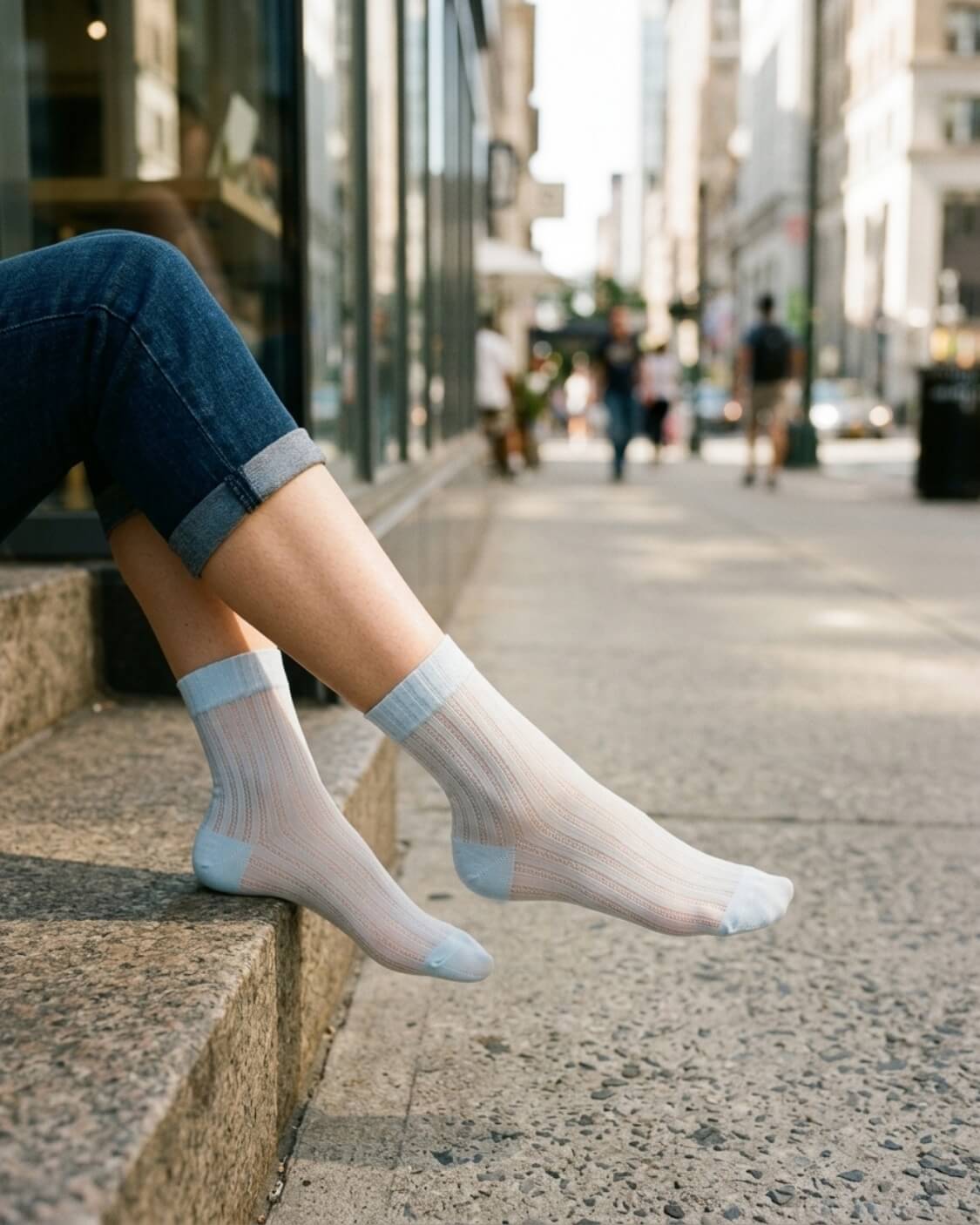 5-Pack Soft Horizon Sheer Socks featuring a lightweight sheer ribbed knit with contrast heel, toe, and cuff details, worn with rolled-up jeans while seated outdoors, highlighting everyday comfort and versatile styling.