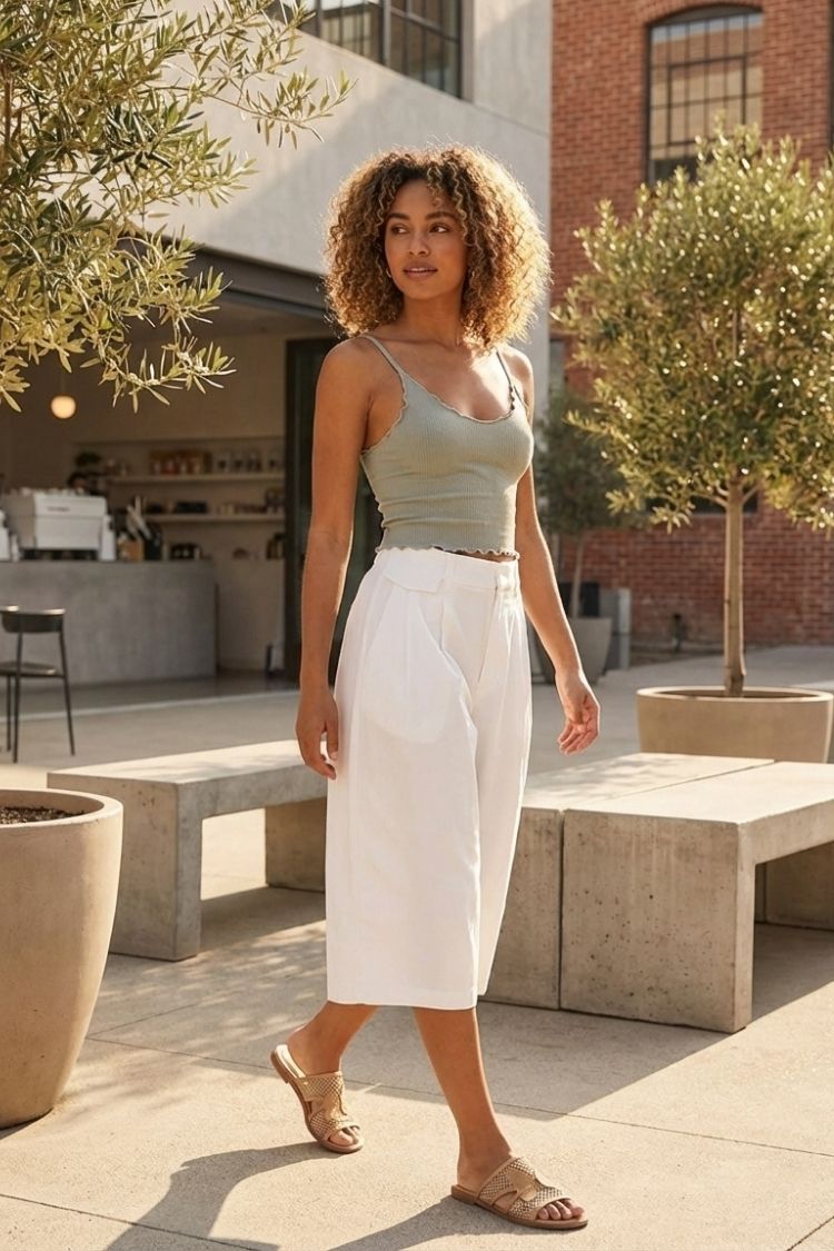Forever Young Cami, sage green fitted cami with thin straps and scalloped trim, paired with white high-waisted cropped pants and neutral slides in a modern courtyard, highlighting the clean lines and versatile styling.